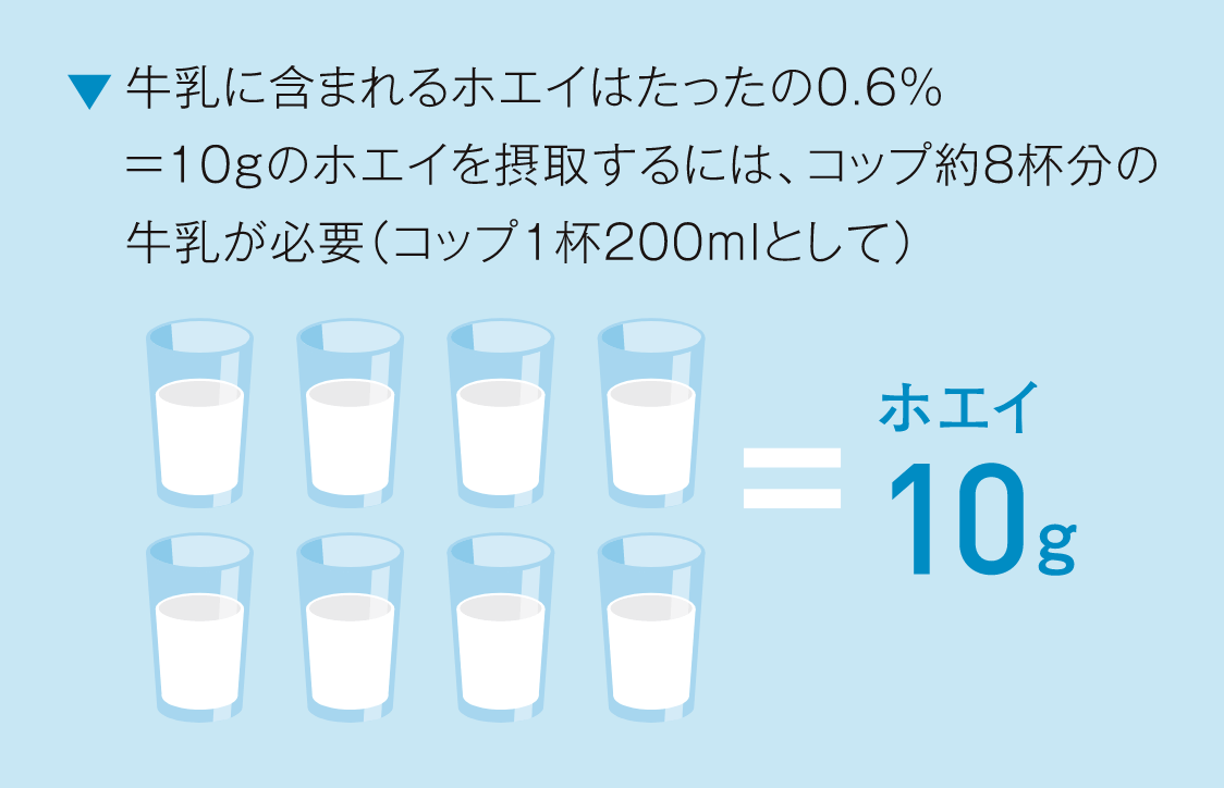 牛乳に含まれるホエイはたったの0.6%＝10gのホエイを摂取するには、コップ約8杯分の牛乳が必要（コップ1杯200mlとして）
※出典：森田洋右「和光堂育児用ミルク講座」