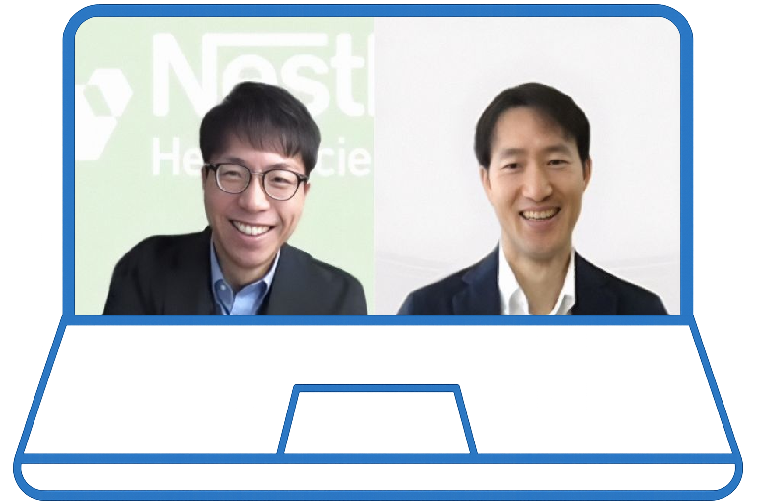 オンライン会議の画面に、スーツ姿の男性2人が並んで笑顔で映っている。背景には健康関連ブランドのロゴが表示されている。